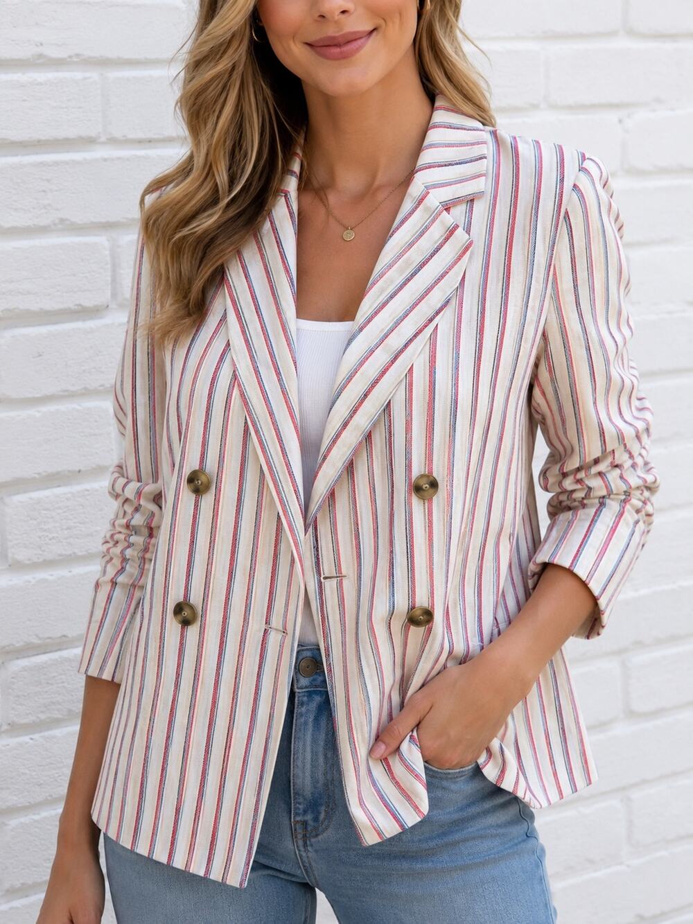 Anthropologie Dolan Linen Cotton Striped Double Breasted Blazer Jacket L NWT